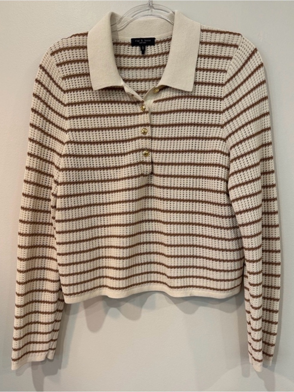 rag & bone Viola Stripe Open Knit Polo Sweater Ivory Brown Autumn pre fall